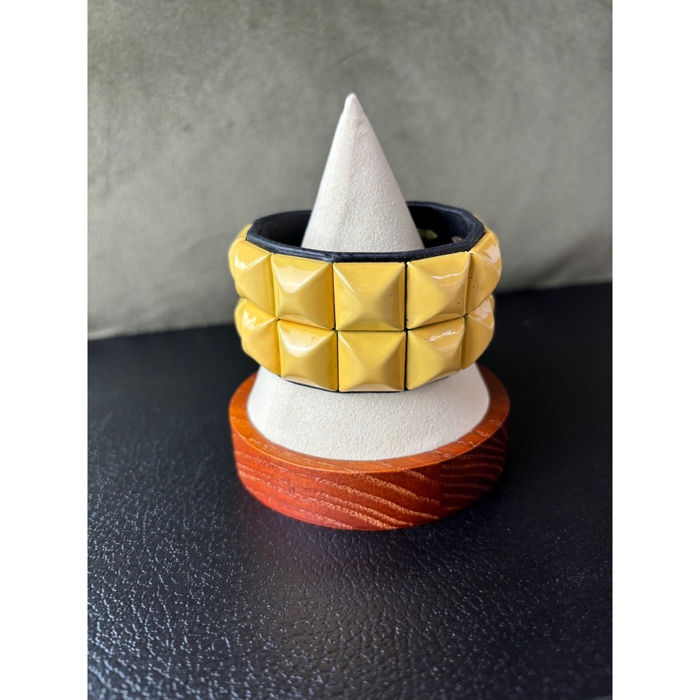 Yellow Pyramid Studded Black Faux Leather Punk Cuff Bracelet Snap Closure